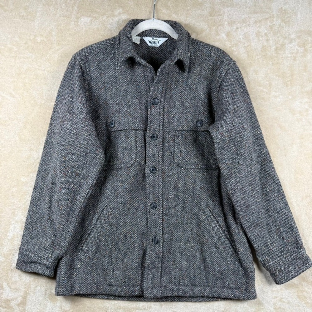 Vintage Woolrich Mens M Grey Donegal Tweed Wool Blend Shirt Jacket Made in USA